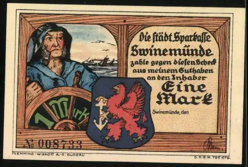 Notgeld Swinemünde, 1 Mark, Kurhaus und Seefahrer mit Wappen, Nr. 008733