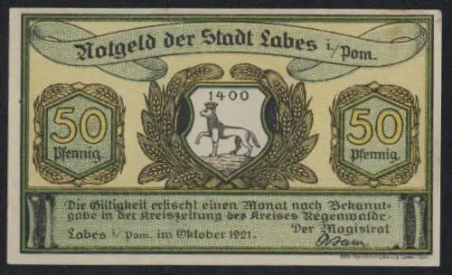 Notgeld Labes 1921, 50 Pfennig, Wappen mit Hirschmotiv und Eichenlaub, Seriennummer und Oktober-Datum