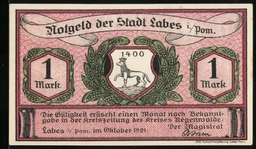 Notgeld Labes 1921, 1 Mark, Hirsch im Wappen, Marktszene mit Gebäuden und Menschen
