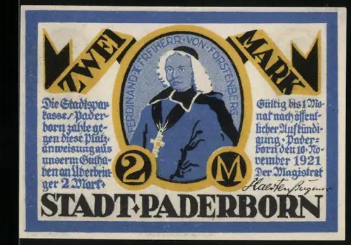Notgeld Paderborn 1921, 2 Mark, Ferdinand Freiherr von Fürstenberg und Stadttor-Motiv