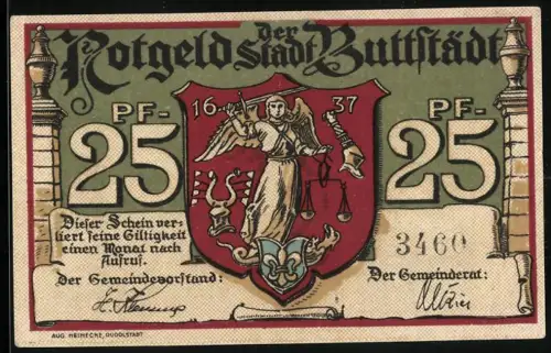 Notgeld Buttstädt, 25 Pfennig, Wappen mit Justizia und Stadtansicht mit Kirche