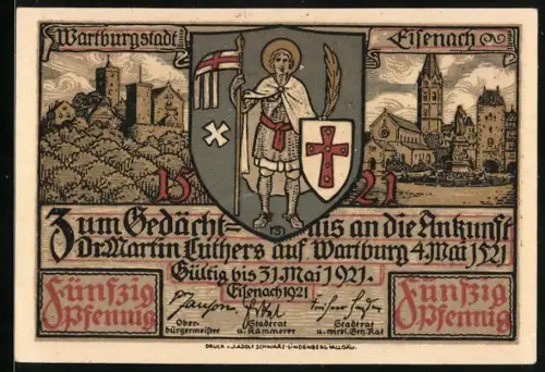 Notgeld Eisenach 1921, 50 Pfennig, Ankunft Luthers auf Wartburg, Stadtszene und Wappen mit Ritter