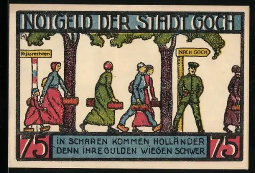 Notgeld Goch 1922, 75 Pfennig, Szenen mit Holländern und Gebäude mit Wappen und Löwen