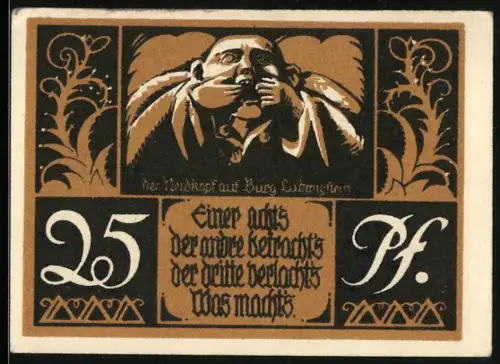 Notgeld Jugendburg Ludwigstein 1921, 25 Pfennig, Mönchskopf und Inschrift, Burgmotiv