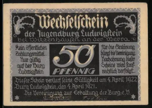 Notgeld Jugendburg Ludwigstein 1921, 50 Pfennig, gotische Inschrift und dekorative Motive