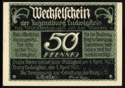 Notgeld Burg Ludwigstein 1921, 50 Pfennig, Burg und historische Parade, Gültigkeitstext