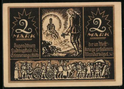 Notgeld Ludwigstein 1921, 2 Mark, Burg Ludwigstein und Gefallenengedenken, Marschierende Soldaten