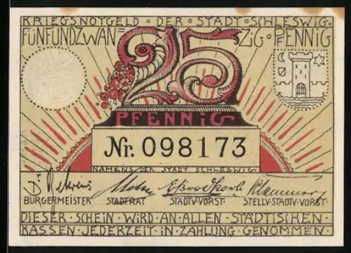 Notgeld Schleswig 1918, 25 Pfennig, Stadtszene und dekorative Elemente, Nr. 098173, Wappen vorhanden