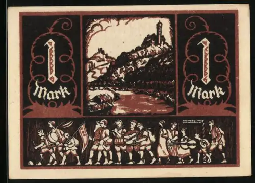 Notgeld Witzenhausen 1921, 1 Mark, Burg Ludwigstein und Festzug mit Fahnenträgern
