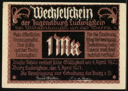 Notgeld Witzenhausen 1921, 1 Mark, Burg Ludwigstein und Festzug mit Fahnenträgern