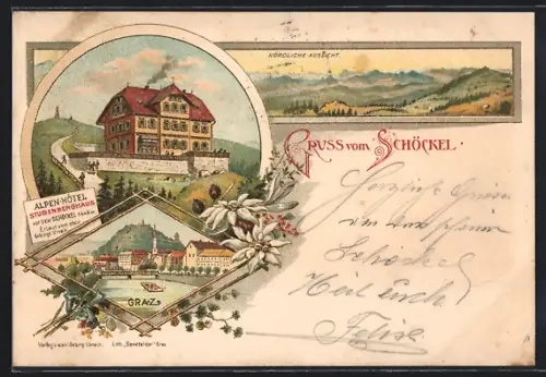 Lithographie Stubenberghaus, Alpen-Hotel auf dem Schöckel, Ortspartie aus Graz