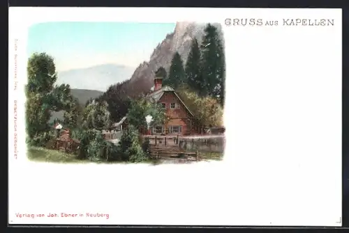 AK Kapellen, Idyllisch gelegene Blockhütte mit Bergpanorama