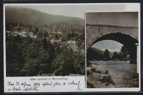 AK Mürzzuschlag, Hotel Lambach, Steinerne Bogenbrücke