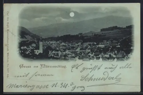 Mondschein-AK Mürzzuschlag, Ortsansicht mit Kirche