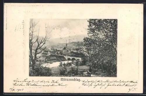 AK Mürzzuschlag, Ortsansicht mit Kirche und Bogenbrücke
