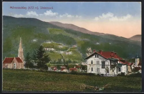 AK Mürzzuschlag /Steiermark, Teilansicht mit Kirche vom Feld aus