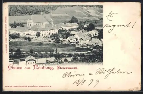 AK Neuberg /Steiermark, Ortsansicht aus der Vogelschau mit Bahnstrecke