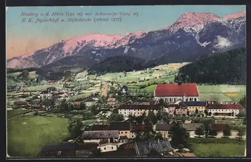AK Neuberg an der Mürz, Ansicht mit Schneealpe, K. K. Jagdschloss und Stiftskirche