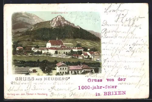 Lithographie Neuberg /Mürz, Ortspartie mit dem Bahnhof