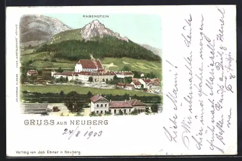 Lithographie Neuberg /Mürz, Ortspartie mit dem Bahnhof