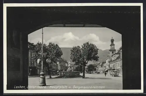AK Leoben /Steiermark, Hauptplatz u. Bergmannsbrunnen
