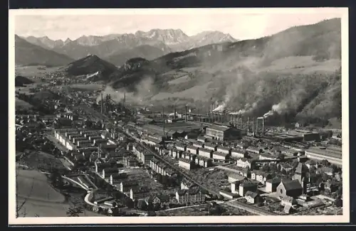 AK Donawitz, Ortsansicht mit Fabriken und Bahngleisen