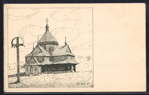 Künstler-AK Podkarpatska Rus, Dieveny kostelik v Jasine