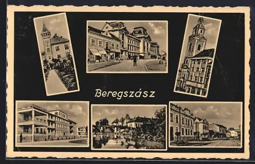 AK Berehovo, Gebäudeansichten mit Wasser und Plätzen