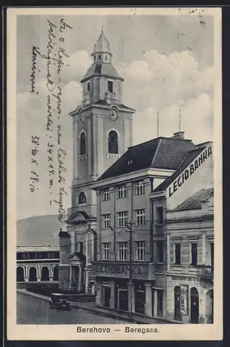 AK Berehovo, Strassenpartie mit Kirche und Legiobanka