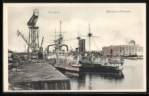 AK Barrow-in-Furness, The Docks, two battleships at the pier