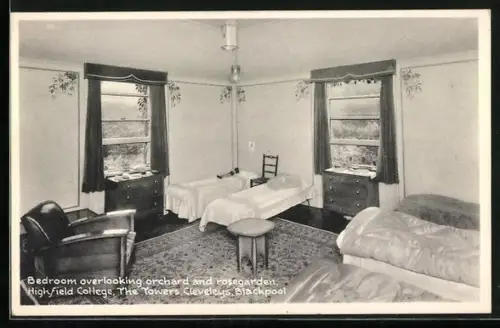 AK Blackpool, Highfield College, The Towers, Cleveley, Bedroom overlooking orchard and rosegarden