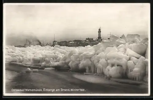 AK Warnemünde, Eisberge am Strand im Winter 1929