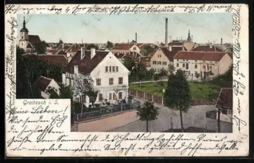 Goldfenster-AK Groitzsch / Sa., Ortsansicht mit leuchtenden Fenstern