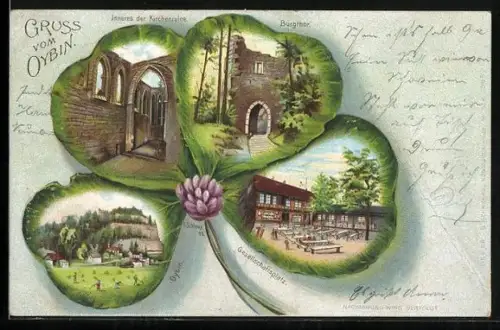 Lithographie Oybin, Kirchruine, Burgtor, Gesellschaftsplatz