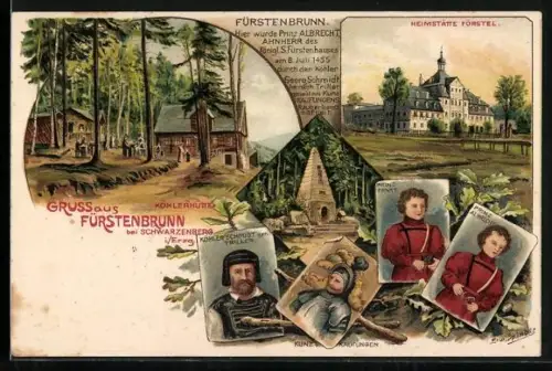 Lithographie Fürstenbrunn bei Schwarzenberg, Gasthaus Heimstätte Förstel, Köhlerhütte