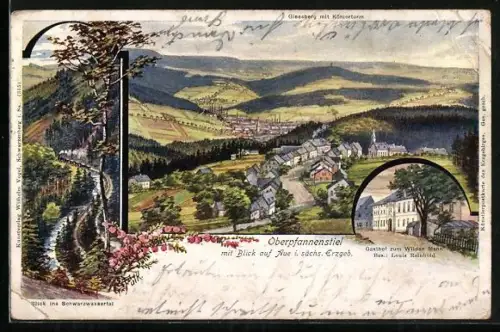 Lithographie Oberpfannenstiel bei Aue, Gasthof zum Wilden Mann, Inh. Louis Reinhold