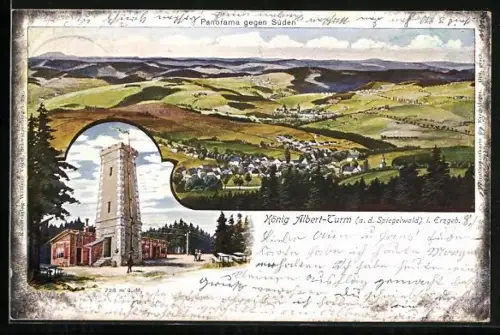 Lithographie Spiegelwald /Erzgeb., König Albert-Turm, Panorama gegen Süden