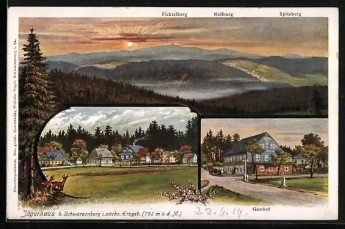 Lithographie Schwarzenberg im sächs. Erzgeb., Gasthof Jägerhaus, Fichtelberg, Keilberg, Spitzberg