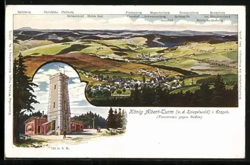 Lithographie Spiegelwald i. Erzgeb., König Albert-Turm, Panorama gegen Süden