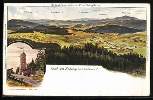 Künstler-AK Schönheide i. E., Südost-Panorama vom Prinz Georg-Turm, Kuhberg