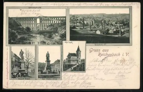 AK Reichenbach i. V., Göltzschtalbrücke, Stadtansicht, Kaiser-Denkmal, Luther-Denkmal, Kirche St. Ansgarii