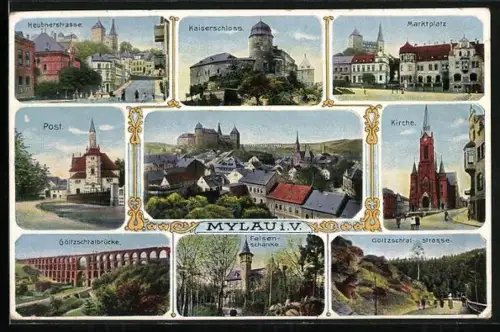 AK Mylau i. V., Kaiserschloss, Kirche, Göltzschtalbrücke, Marktplatz, Post, Heubnerstrasse