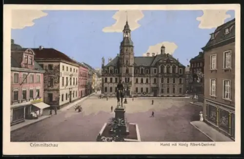 AK Crimmitschau, Markt mit König-Albert-Denkmal