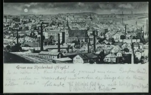 Mondschein-AK Reichenbach i. Vogtl., Ortsansicht im Vollmondlicht
