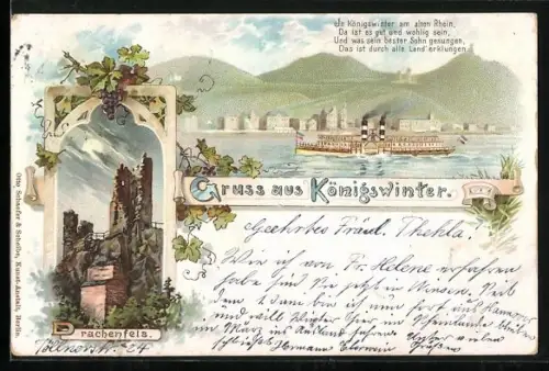 Lithographie Königswinter, Drachenfels, Rheinpanorama mit Dampfschiff