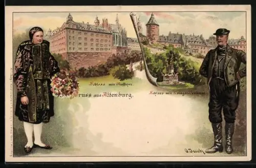 Lithographie Altenburg / S.-A., Schloss mit Auffahrt und Kriegerdenkmal, Paar in Tracht