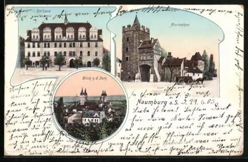 Lithographie Naumburg a. S., Rathaus, Marientor, Blick zum Dom