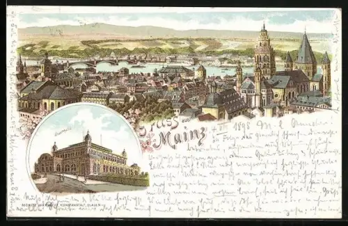 Lithographie Mainz, Stadthalle, Ortspanorama