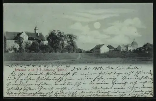 Mondschein-AK Mühlberg /Elbe, Ortsansicht im Vollmondlicht