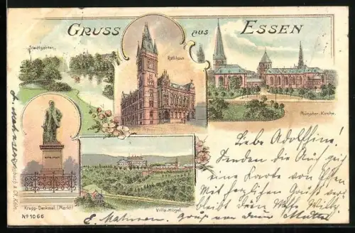Lithographie Essen, Rathaus, Münster-Kirche, Krupp-Denkmal, Villa Hügel